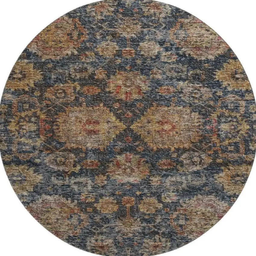8' Navy Blue And Copper Damask Washable Round Rug With UV Protection Photo 3