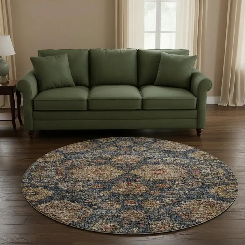 8' Navy Blue And Copper Damask Washable Round Rug With UV Protection Photo 2