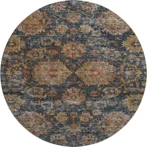 Photo of 8' Navy Blue And Copper Damask Washable Round Rug With UV Protection
