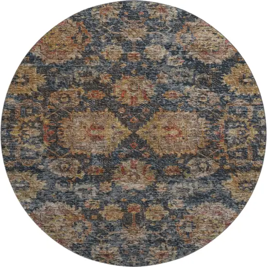 8' Navy Blue And Copper Damask Washable Round Rug With UV Protection Photo 1