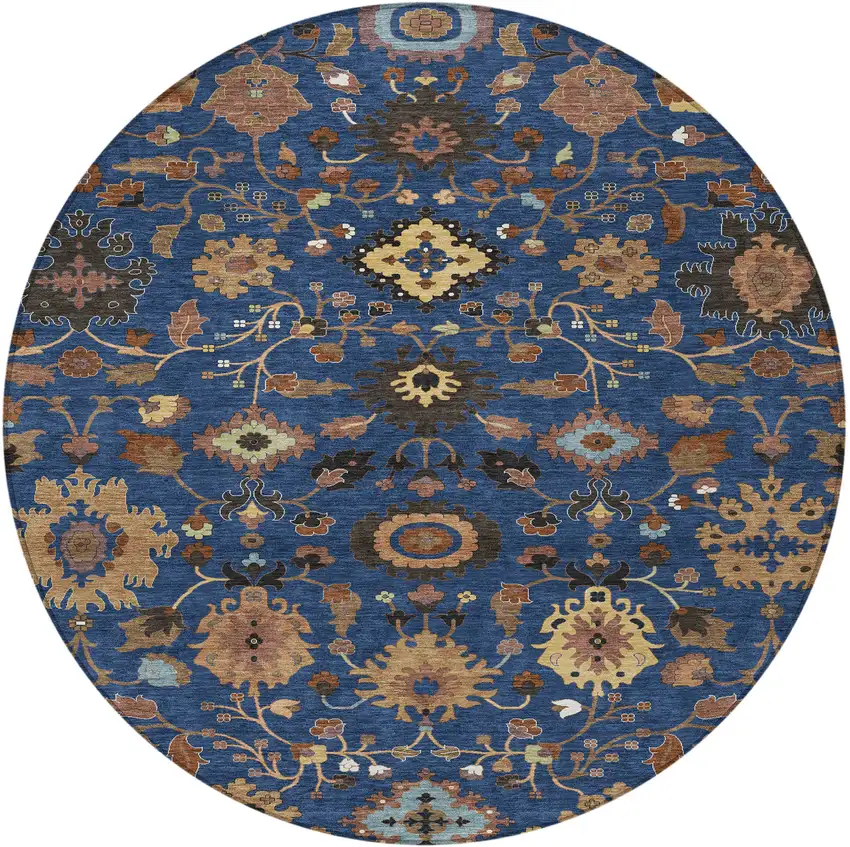 8' Navy Blue And Copper Round Floral Medallion Washable Indoor Outdoor Area Rug Photo 3