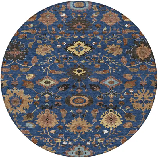 8' Navy Blue And Copper Round Floral Medallion Washable Indoor Outdoor Area Rug Photo 3