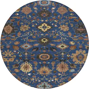 Photo of 8' Navy Blue And Copper Round Floral Medallion Washable Indoor Outdoor Area Rug