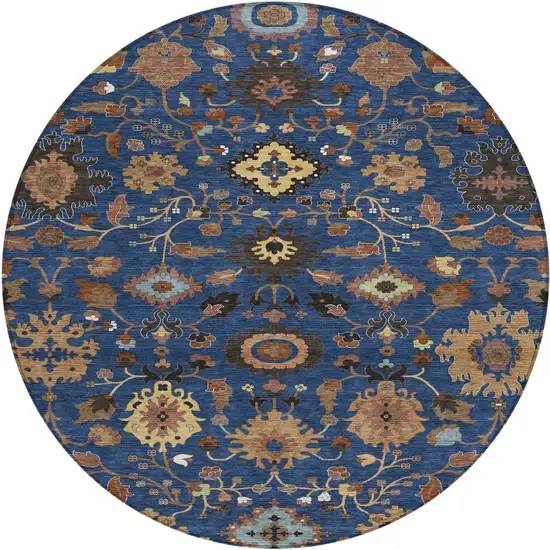 8' Navy Blue And Copper Round Floral Medallion Washable Indoor Outdoor Area Rug Photo 1