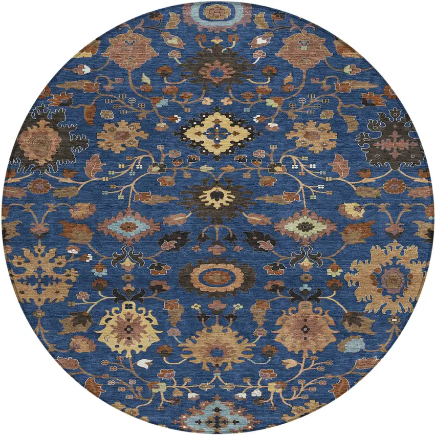 8' Navy Blue And Copper Round Floral Medallion Washable Indoor Outdoor Area Rug Photo 1