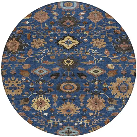 8' Navy Blue And Copper Round Floral Medallion Washable Indoor Outdoor Area Rug Photo 2