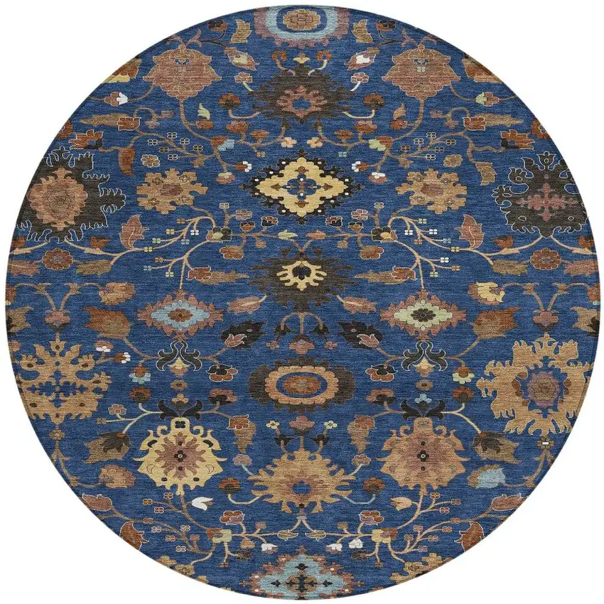 8' Navy Blue And Copper Round Floral Medallion Washable Indoor Outdoor Area Rug Photo 2