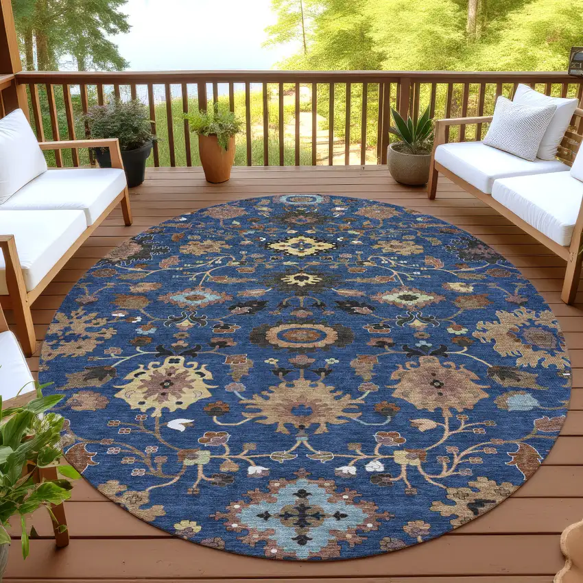8' Navy Blue And Copper Round Floral Medallion Washable Indoor Outdoor Area Rug Photo 4