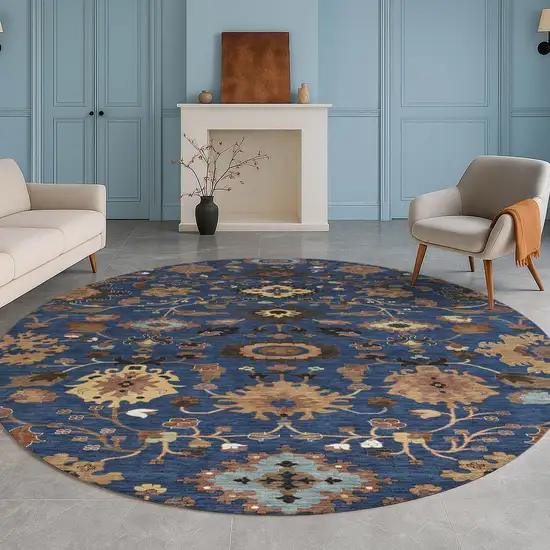 8' Navy Blue And Copper Round Floral Medallion Washable Indoor Outdoor Area Rug Photo 5