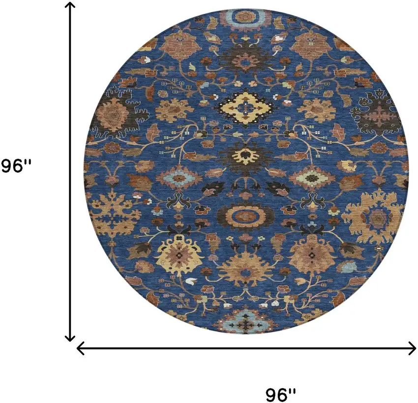 8' Navy Blue And Copper Round Floral Medallion Washable Indoor Outdoor Area Rug Photo 8