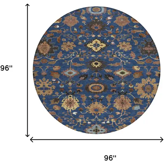 8' Navy Blue And Copper Round Floral Medallion Washable Indoor Outdoor Area Rug Photo 8