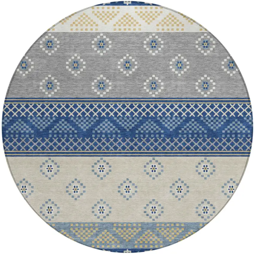 8' Navy Blue And Copper Round Striped Washable Indoor Outdoor Area Rug Photo 2