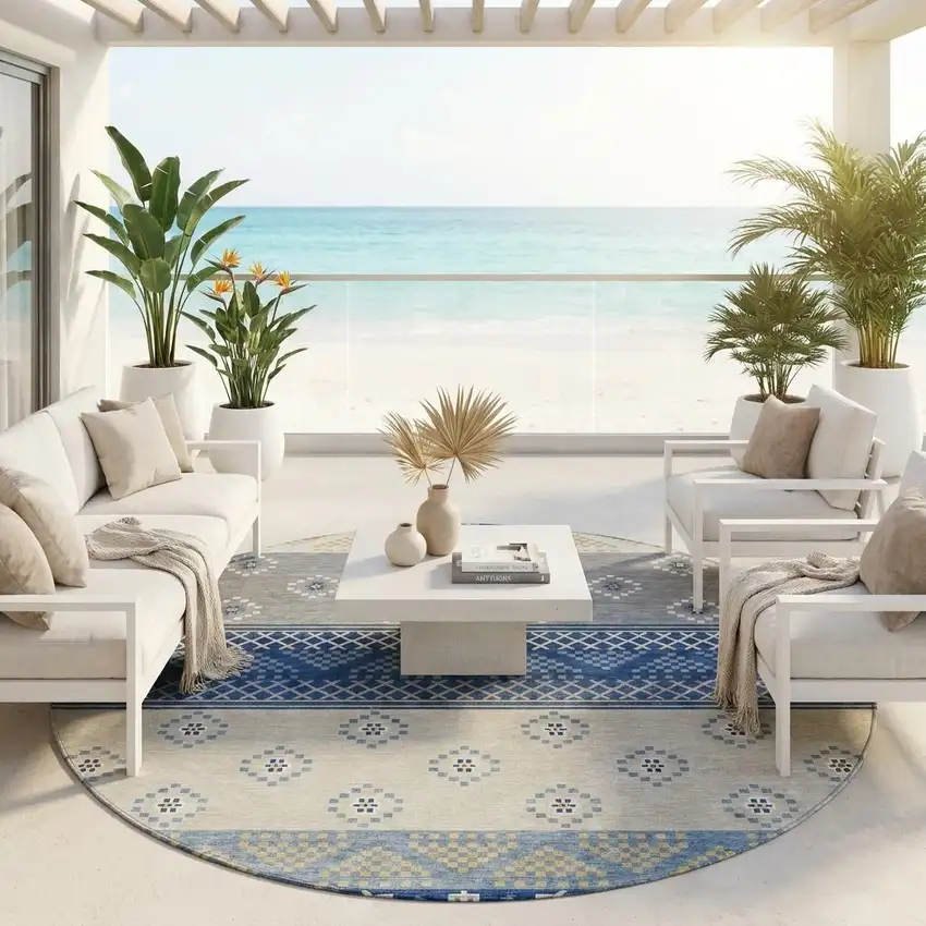8' Navy Blue And Copper Round Striped Washable Indoor Outdoor Area Rug Photo 1