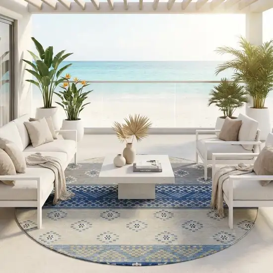 8' Navy Blue And Copper Round Striped Washable Indoor Outdoor Area Rug Photo 1