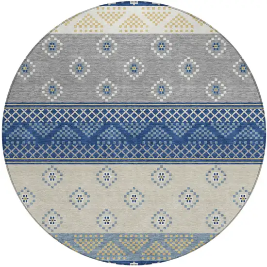 8' Navy Blue And Copper Round Striped Washable Indoor Outdoor Area Rug Photo 2
