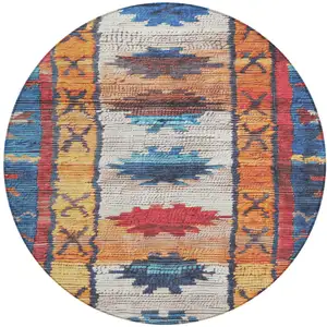 Photo of 8' Navy Blue And Copper Round Tribal Washable Indoor Outdoor Area Rug