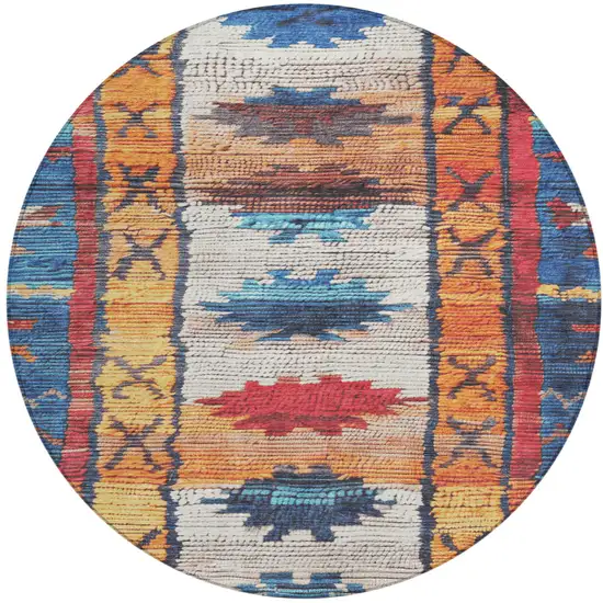 8' Navy Blue And Copper Round Tribal Washable Indoor Outdoor Area Rug Photo 1