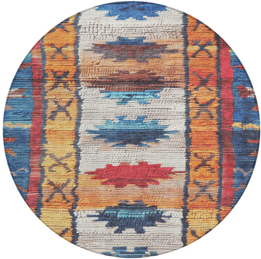 8' Navy Blue And Copper Round Tribal Washable Indoor Outdoor Area Rug Photo 1