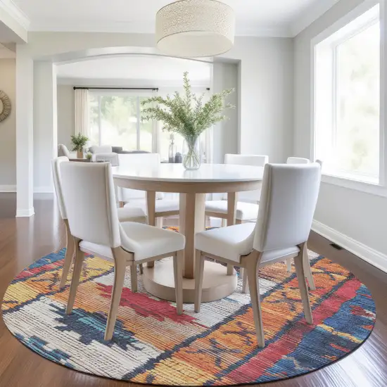 8' Navy Blue And Copper Round Tribal Washable Indoor Outdoor Area Rug Photo 6