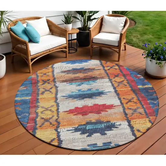 8' Navy Blue And Copper Round Tribal Washable Indoor Outdoor Area Rug Photo 2