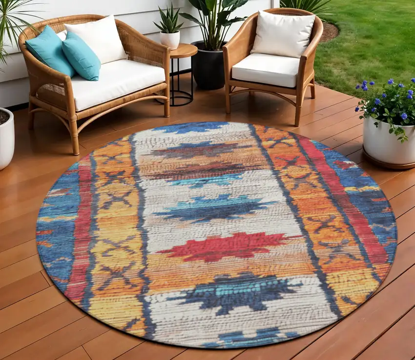8' Navy Blue And Copper Round Tribal Washable Indoor Outdoor Area Rug Photo 2