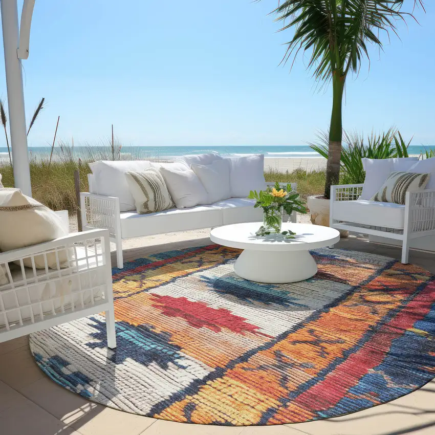 8' Navy Blue And Copper Round Tribal Washable Indoor Outdoor Area Rug Photo 5