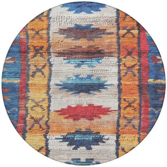 8' Navy Blue And Copper Round Tribal Washable Indoor Outdoor Area Rug Photo 3