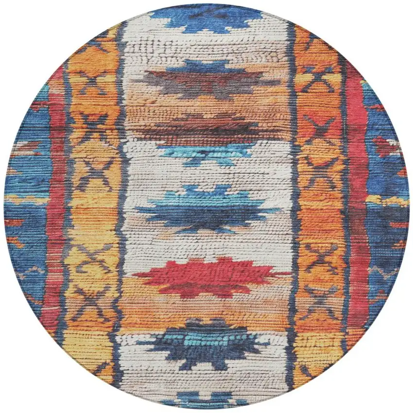 8' Navy Blue And Copper Round Tribal Washable Indoor Outdoor Area Rug Photo 3