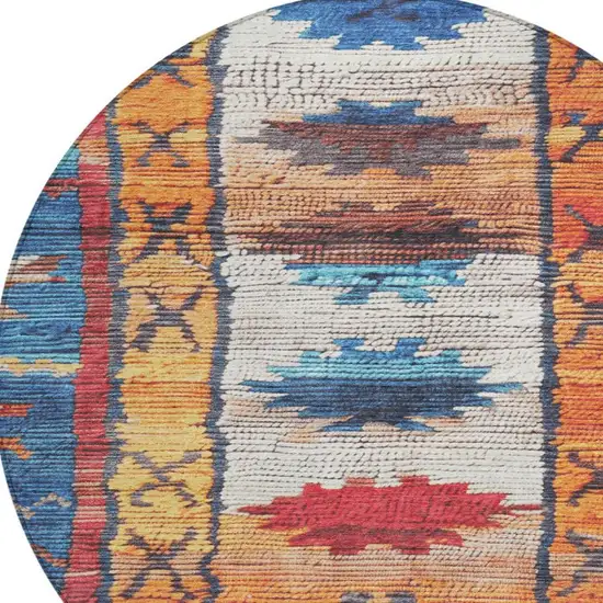 8' Navy Blue And Copper Round Tribal Washable Indoor Outdoor Area Rug Photo 4