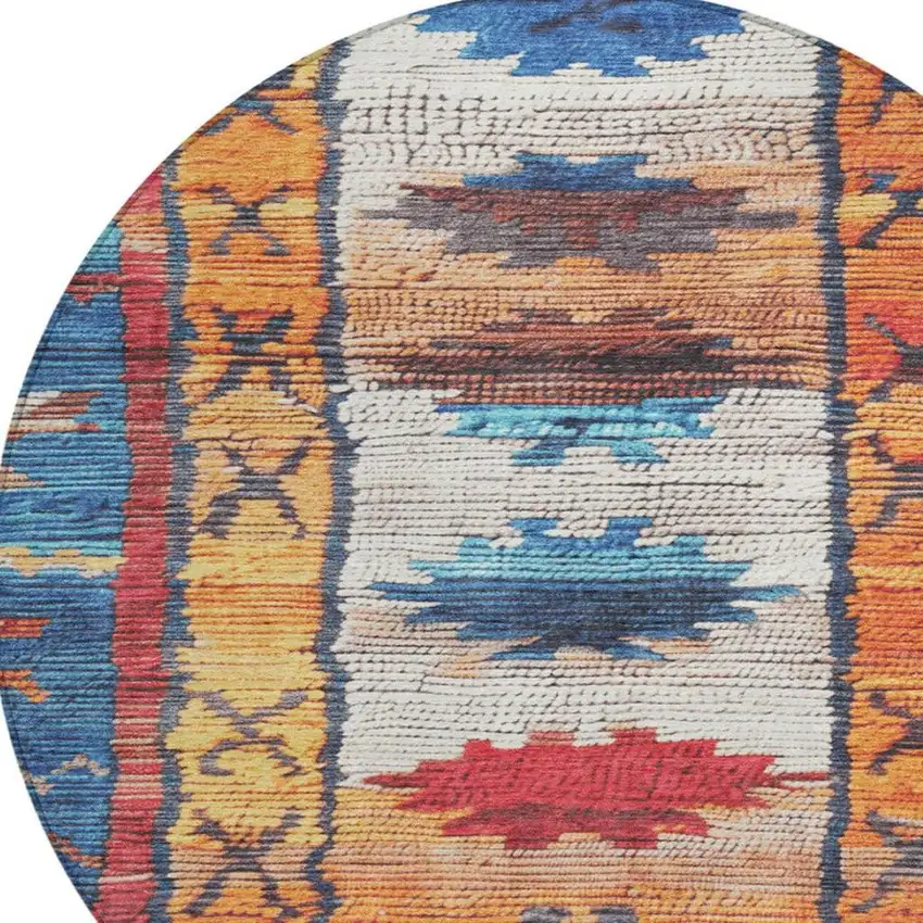 8' Navy Blue And Copper Round Tribal Washable Indoor Outdoor Area Rug Photo 4