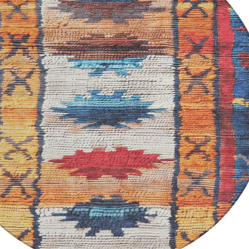 8' Navy Blue And Copper Round Tribal Washable Indoor Outdoor Area Rug Photo 9