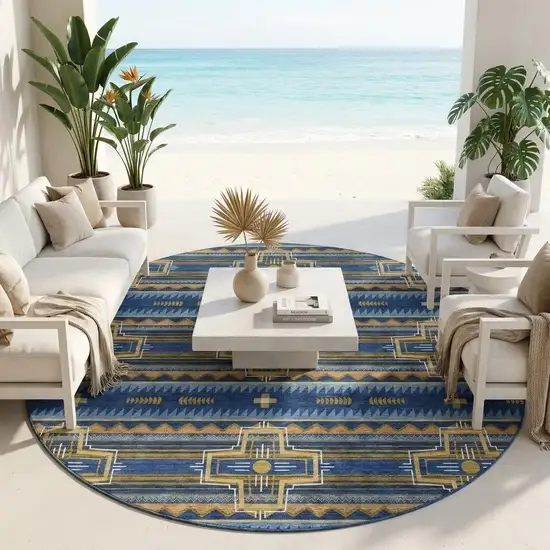 8' Navy Blue And Coral Round Tribal Washable Indoor Outdoor Area Rug Photo 1