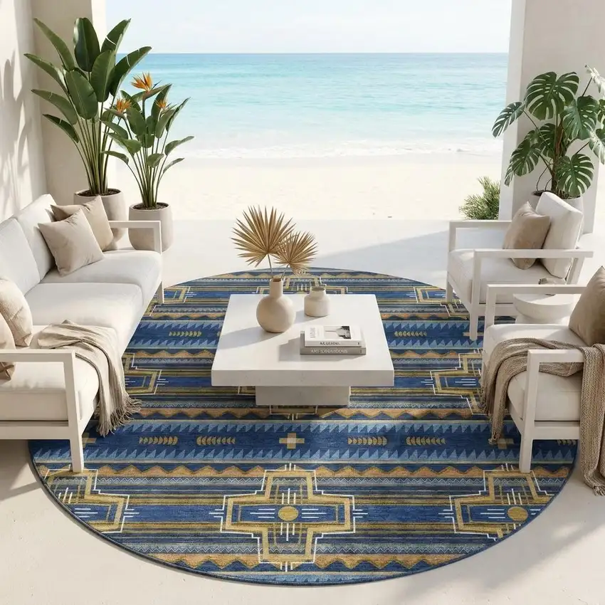 8' Navy Blue And Coral Round Tribal Washable Indoor Outdoor Area Rug Photo 1