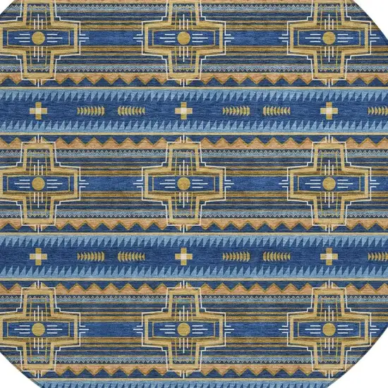 8' Navy Blue And Coral Round Tribal Washable Indoor Outdoor Area Rug Photo 5