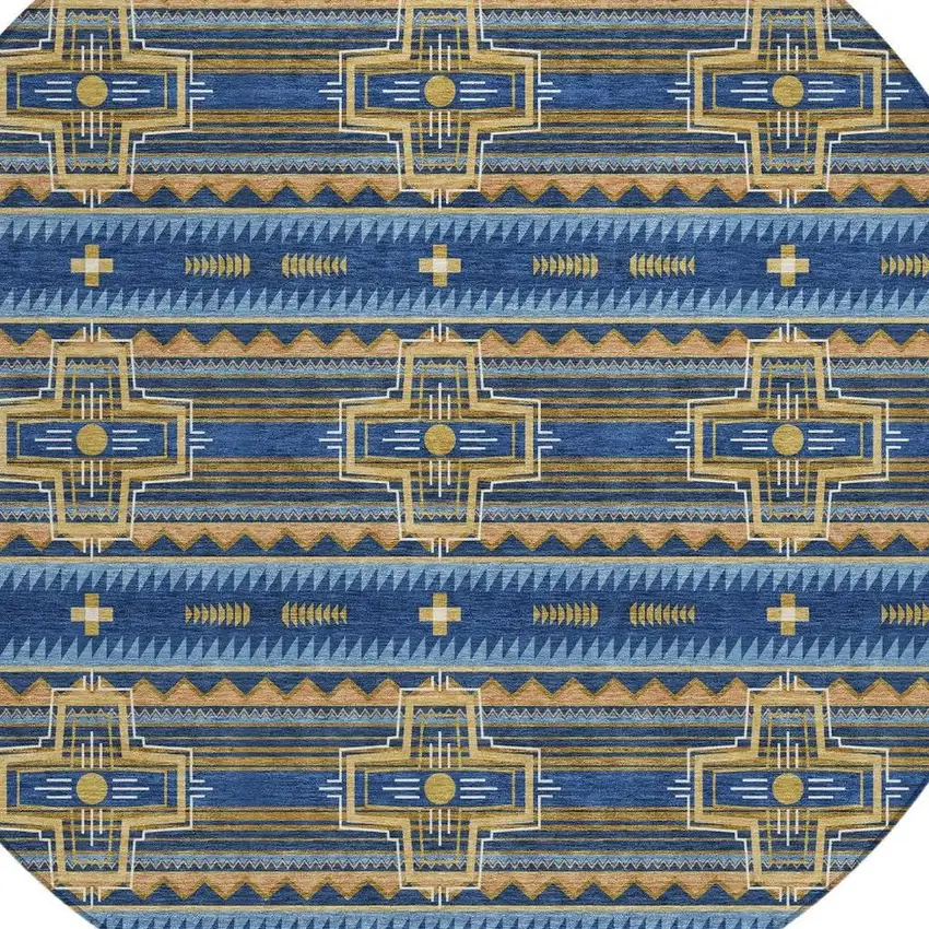 8' Navy Blue And Coral Round Tribal Washable Indoor Outdoor Area Rug Photo 5