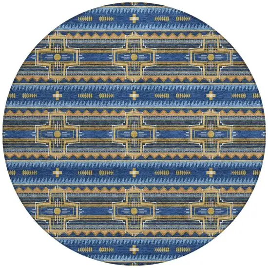 8' Navy Blue And Coral Round Tribal Washable Indoor Outdoor Area Rug Photo 3