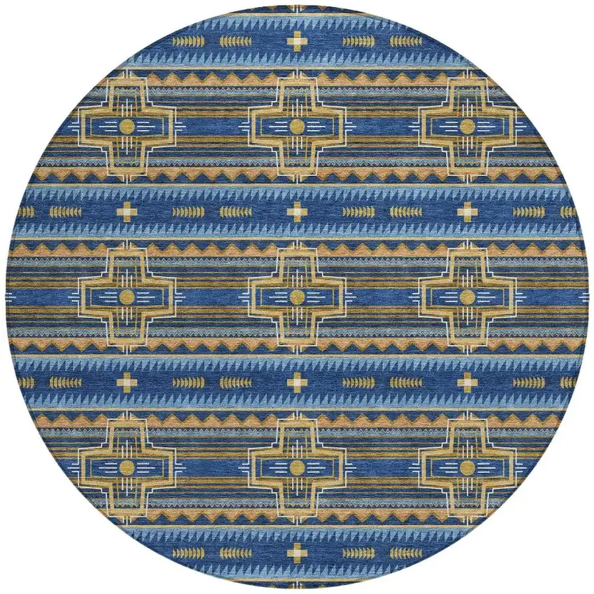 8' Navy Blue And Coral Round Tribal Washable Indoor Outdoor Area Rug Photo 3