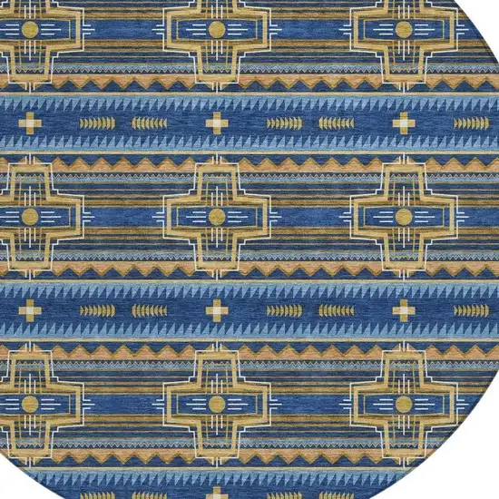 8' Navy Blue And Coral Round Tribal Washable Indoor Outdoor Area Rug Photo 4
