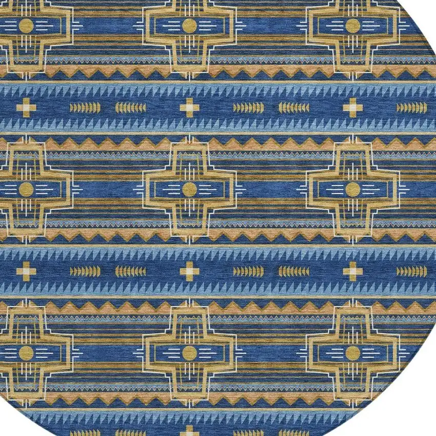 8' Navy Blue And Coral Round Tribal Washable Indoor Outdoor Area Rug Photo 4