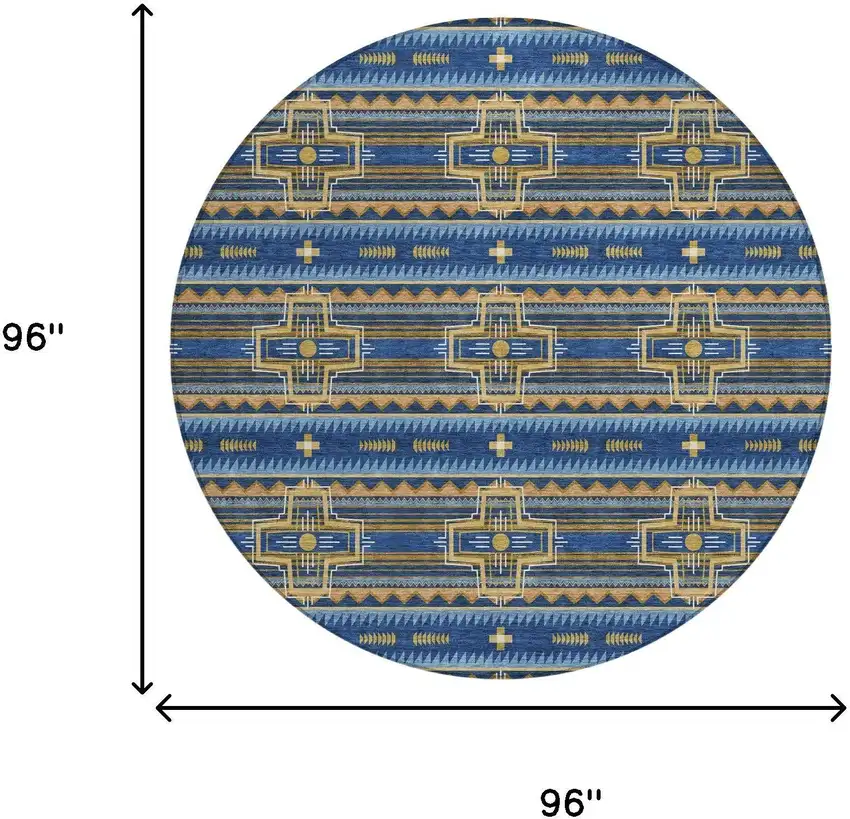 8' Navy Blue And Coral Round Tribal Washable Indoor Outdoor Area Rug Photo 8