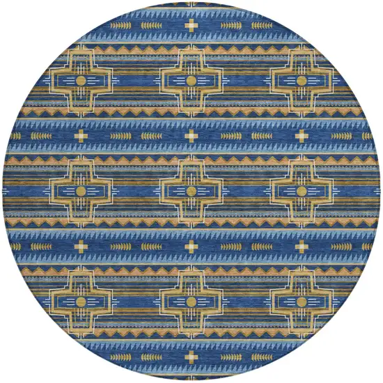 8' Navy Blue And Coral Round Tribal Washable Indoor Outdoor Area Rug Photo 2