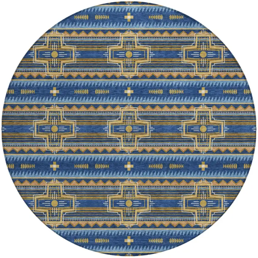 8' Navy Blue And Coral Round Tribal Washable Indoor Outdoor Area Rug Photo 2