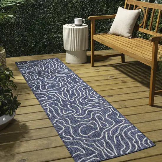 8' Navy Blue And Cream Abstract Indoor Outdoor Runner Rug Photo 5