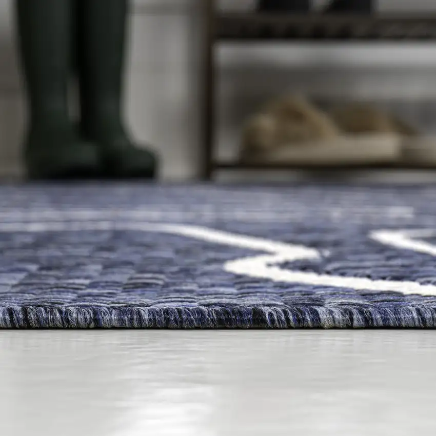 8' Navy Blue And Cream Abstract Indoor Outdoor Runner Rug Photo 7