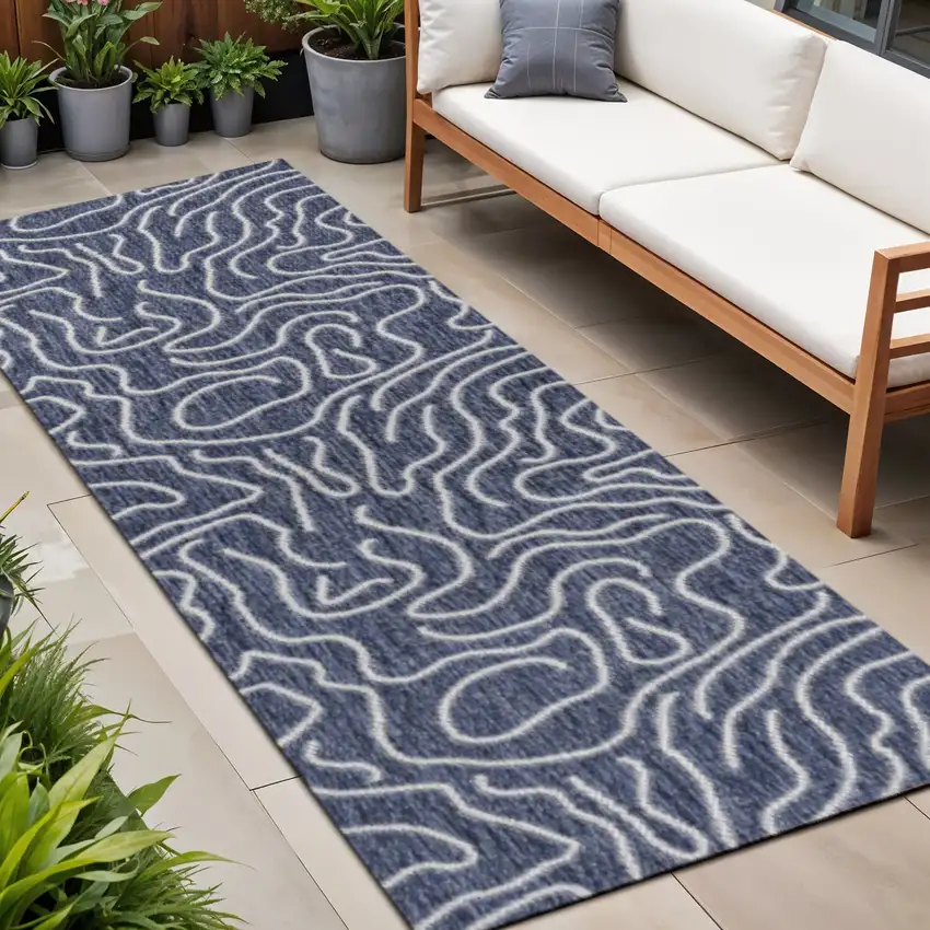 8' Navy Blue And Cream Abstract Indoor Outdoor Runner Rug Photo 1