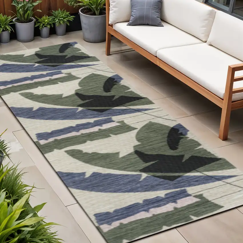 8' Navy Blue And Cream Abstract Indoor Outdoor Runner Rug Photo 1