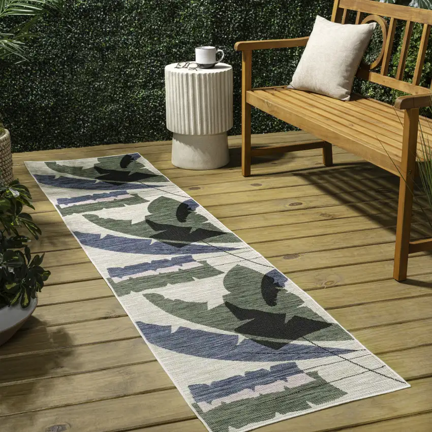 8' Navy Blue And Cream Abstract Indoor Outdoor Runner Rug Photo 5