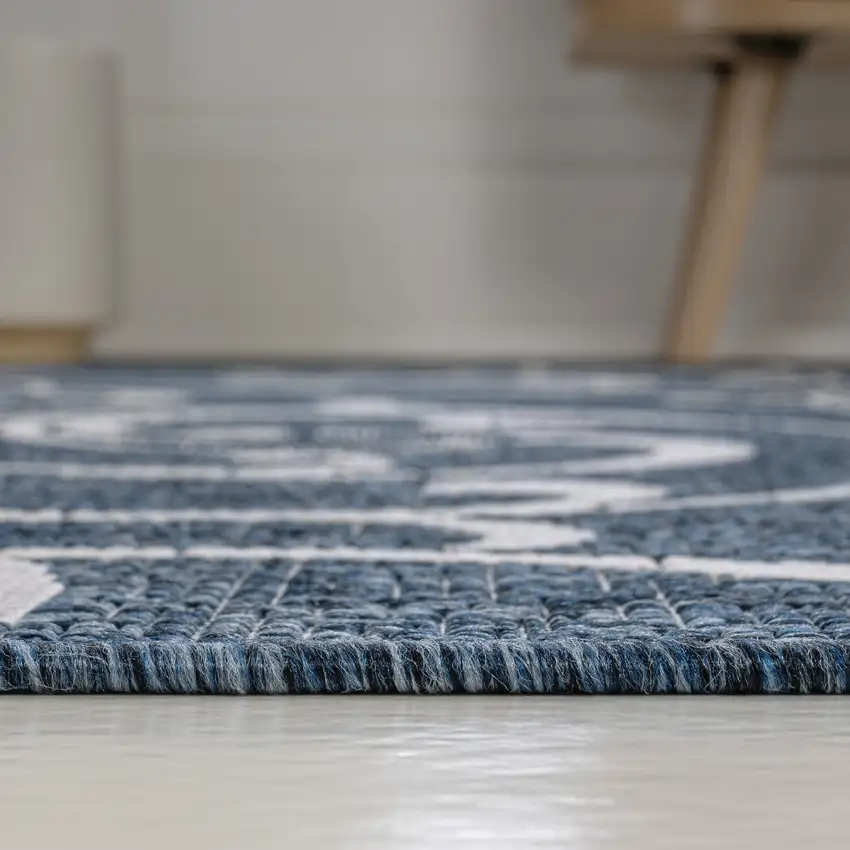 8' Navy Blue And Cream Floral Indoor Outdoor Runner Rug Photo 9