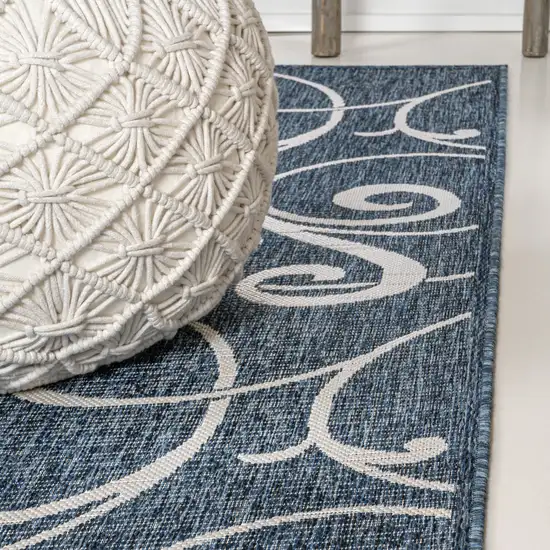 8' Navy Blue And Cream Floral Indoor Outdoor Runner Rug Photo 7