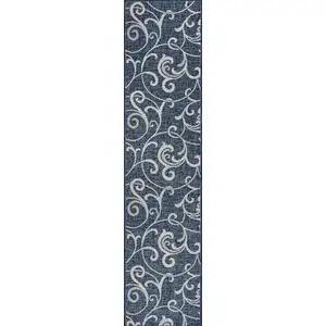 Photo of 8' Navy Blue And Cream Floral Indoor Outdoor Runner Rug